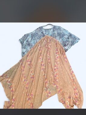 Free People Two-Tone Maxi Dress in Blue and Tan Floral